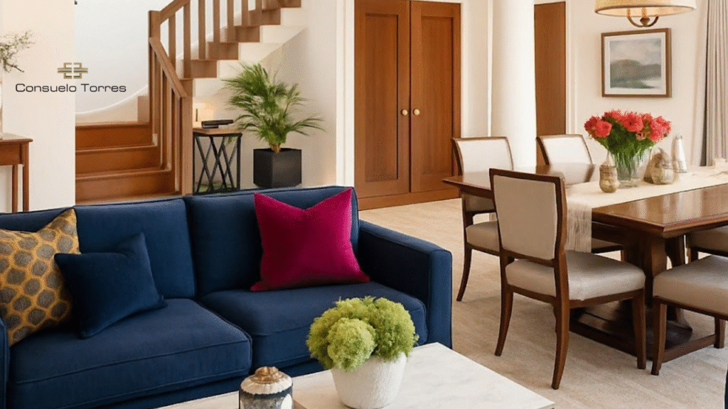 Espacios abiertos de interiorismo con salón azul, comedor cálido y escalera integrada