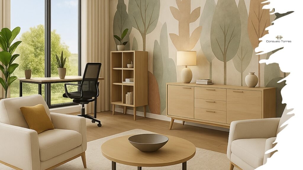 Despacho con murales de interiorismo emocional que transforman el espacio en un entorno creativo