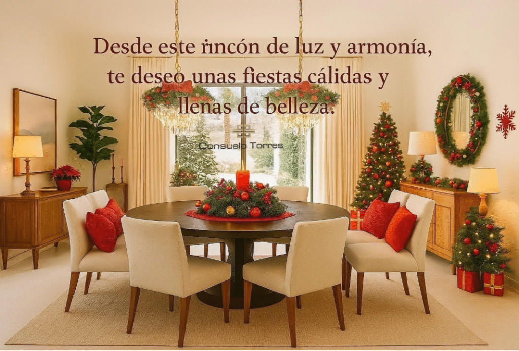 Comedor navideño con mesa redonda decorada en tonos rojos, velas encendidas y luz natural suave, creando un ambiente cálido y armonioso.
