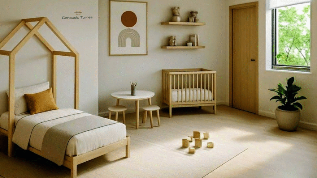 Dormitorio infantil de diseño cálido y minimalista, con cama en forma de casita, mobiliario de madera natural, luz suave y elementos adaptados al juego y al descanso.