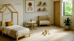 Dormitorio infantil en madera y tonos neutros, calma y luz