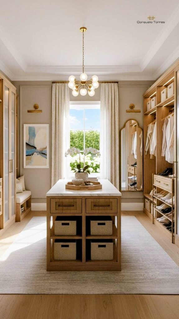 Vestidor a medida en madera natural con iluminación cálida, isla central y organización cuidada.