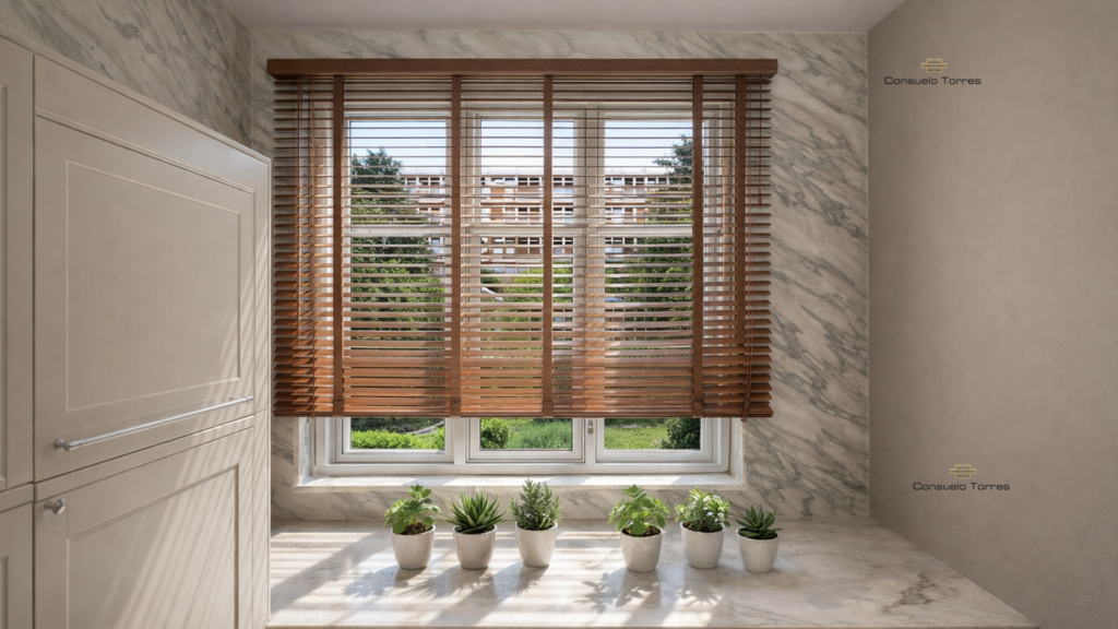 Detalle de plantas sobre encimera de Neolith en la cocina abierta con isla