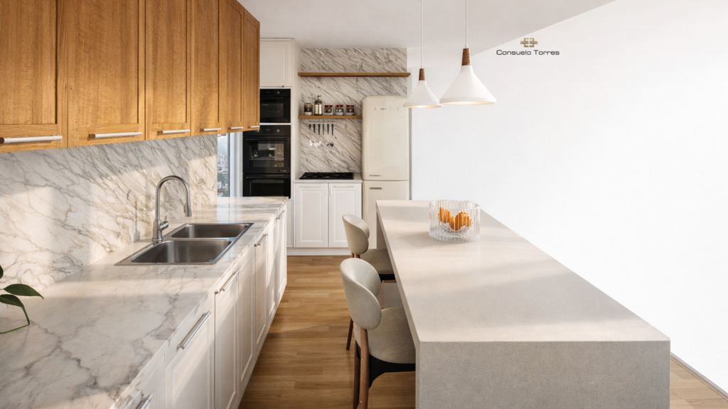 Cocina abierta con isla en tonos madera y Neolith, organizada junto a la entrada mediante una cristalera ligera