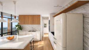 Cocina abierta con isla y cristalera de entrada: diseño en Neolith y madera